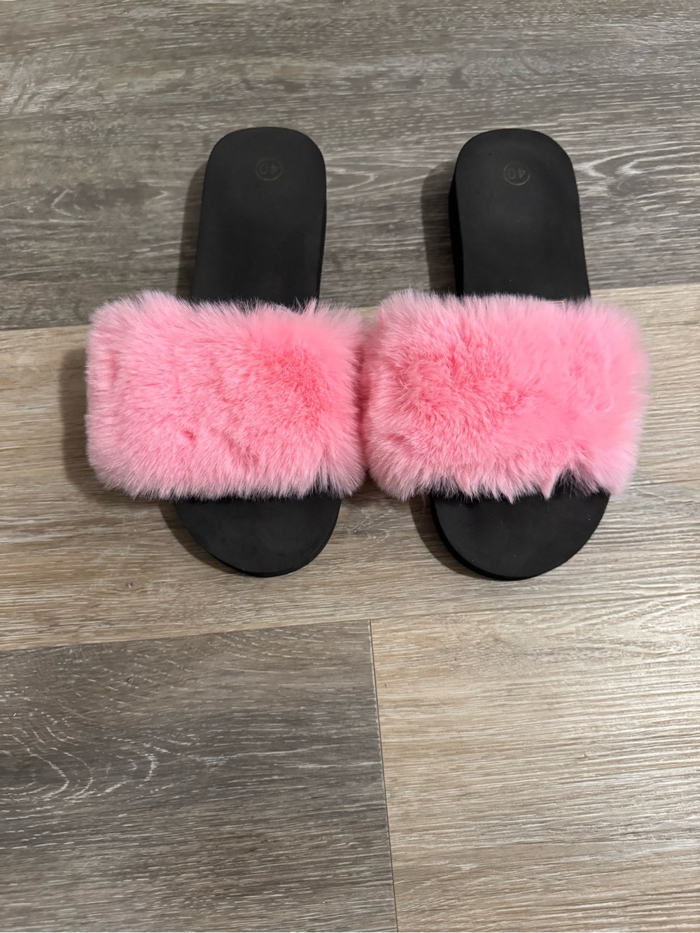 Pink Faux Fur Fur Trim Slide Sandals Slip-On Flat Comfort Women's US 9